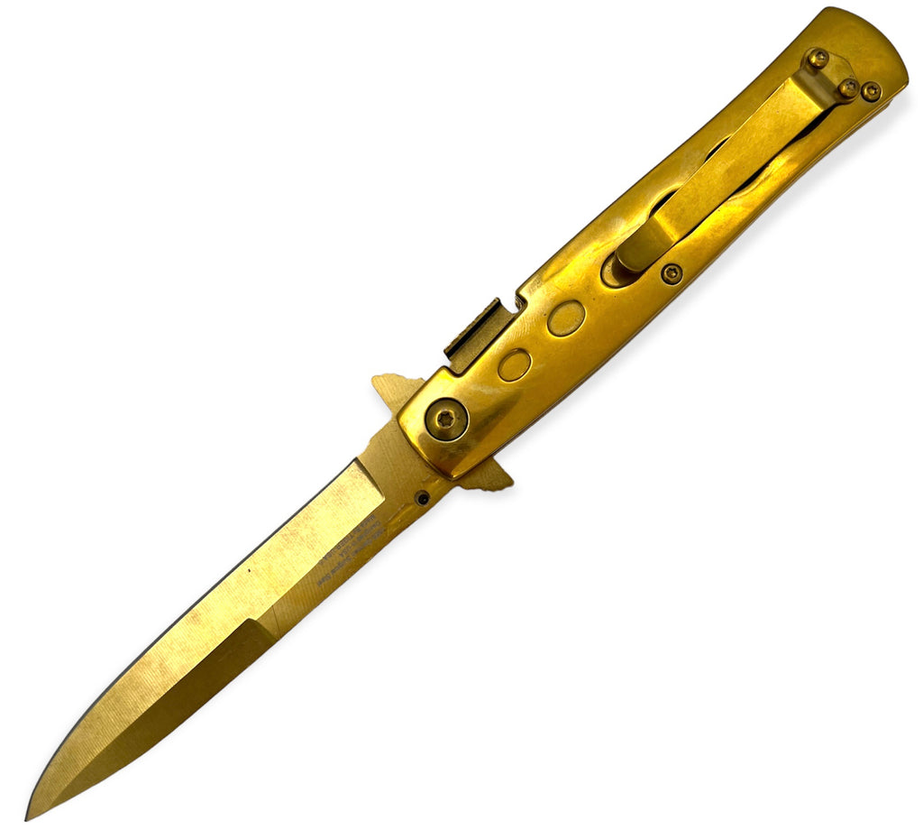 8.5 Inch stiletto style Milano Spring Action Knife - Gold