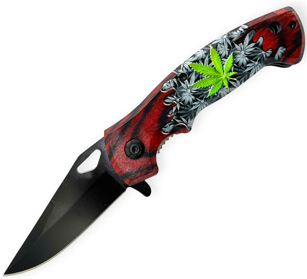Spring Assisted Folding Knife  Green Plant