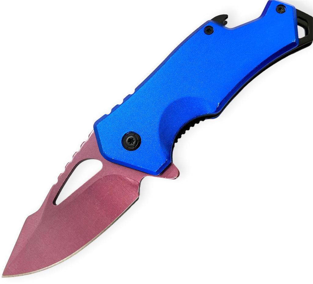 DROP POINT BLUE  HANDLE PINK BLADE BEER BOTTLE  OPENER