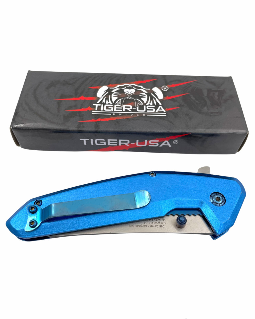 Tiger USA Spring Action BLUE Folding knife tanto