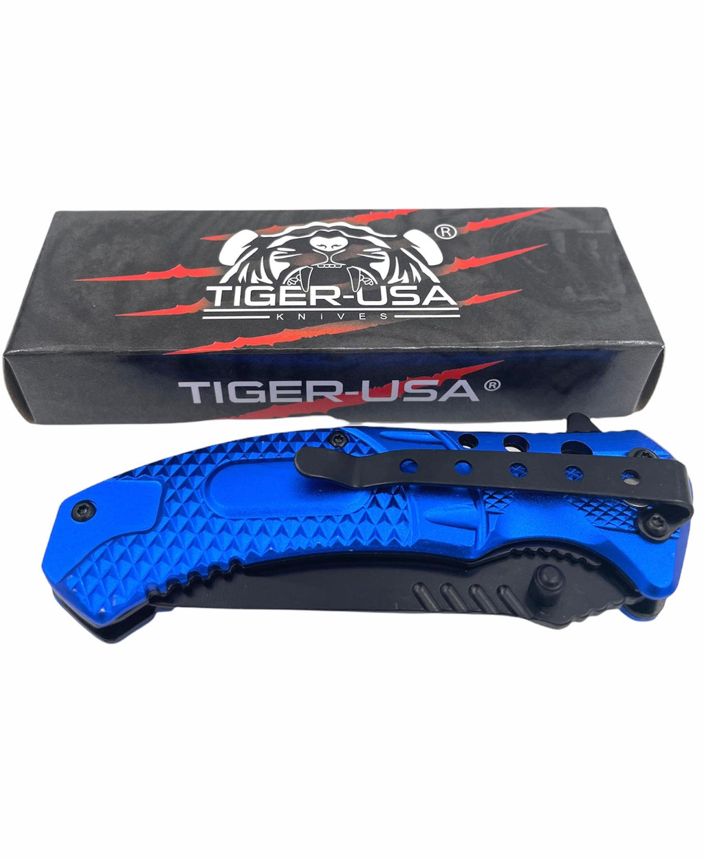 8 Inch Spring Assisted TechTact Knife DP Blade - blue