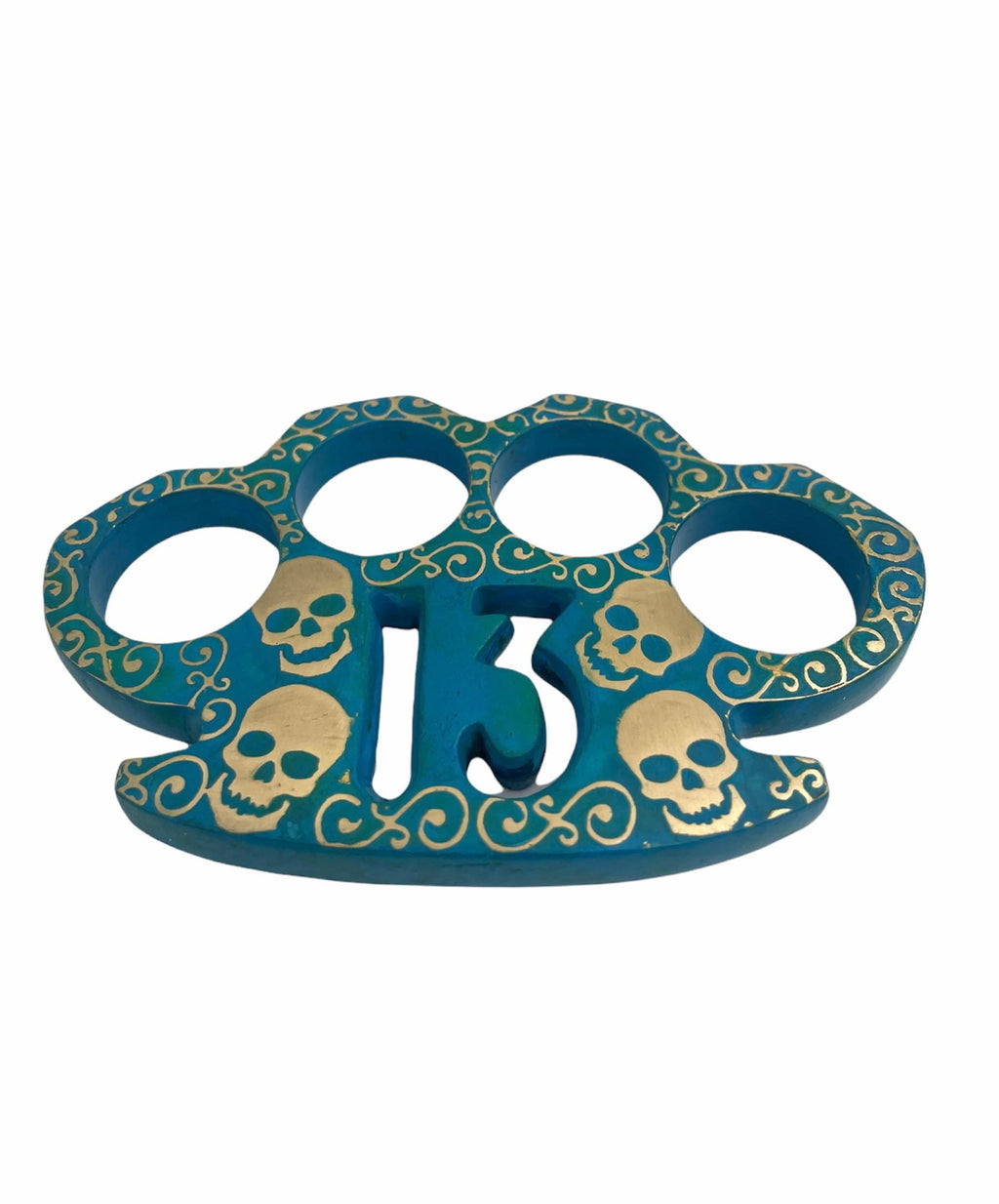 Heavy Duty  Real Brass Knuckles Skeleton With 13 & Blue Patina Closes