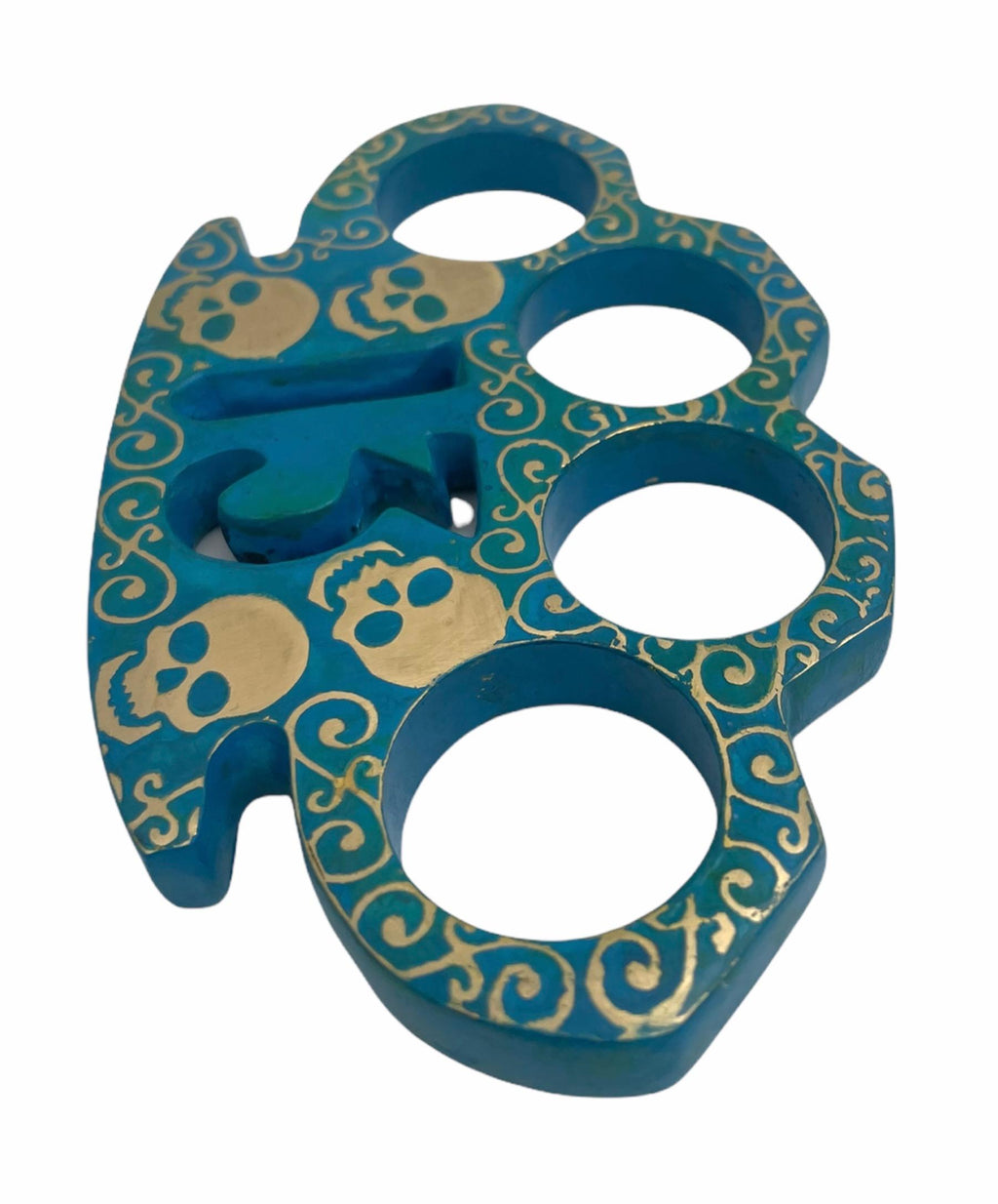 Heavy Duty  Real Brass Knuckles Skeleton With 13 & Blue Patina Closes