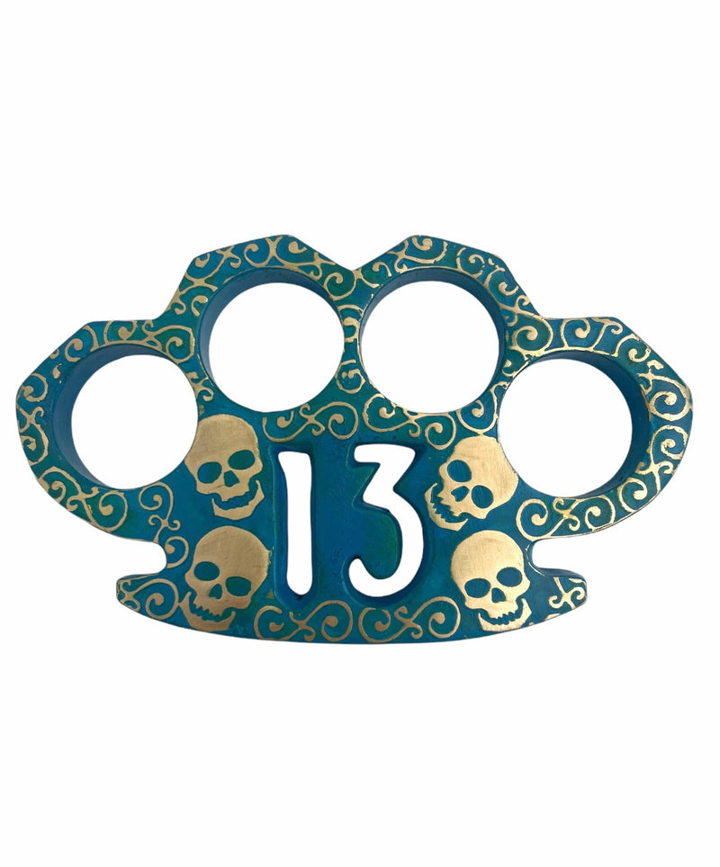 Heavy Duty  Real Brass Knuckles Skeleton With 13 & Blue Patina Closes