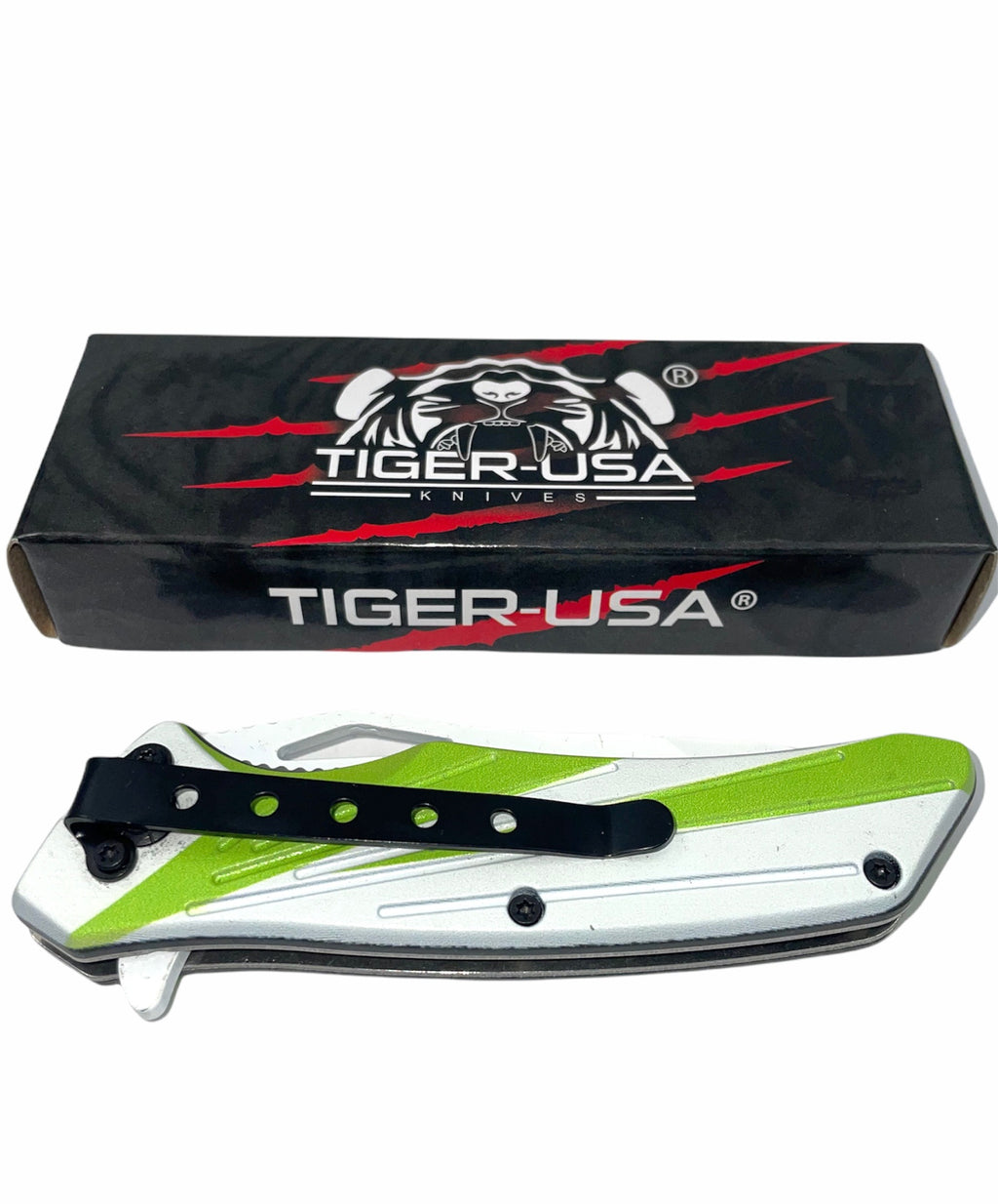 Tiger USA Spring Assisted Knife  White and Green Tanto