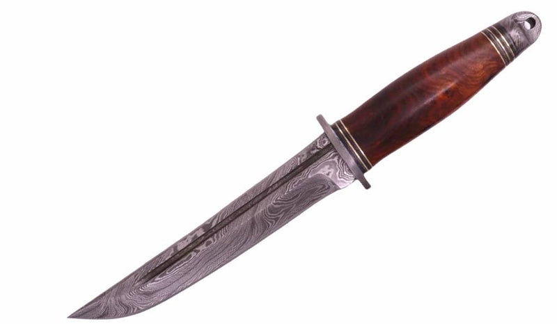 Damuscus Hunting Knife W. Case Burl  Wood