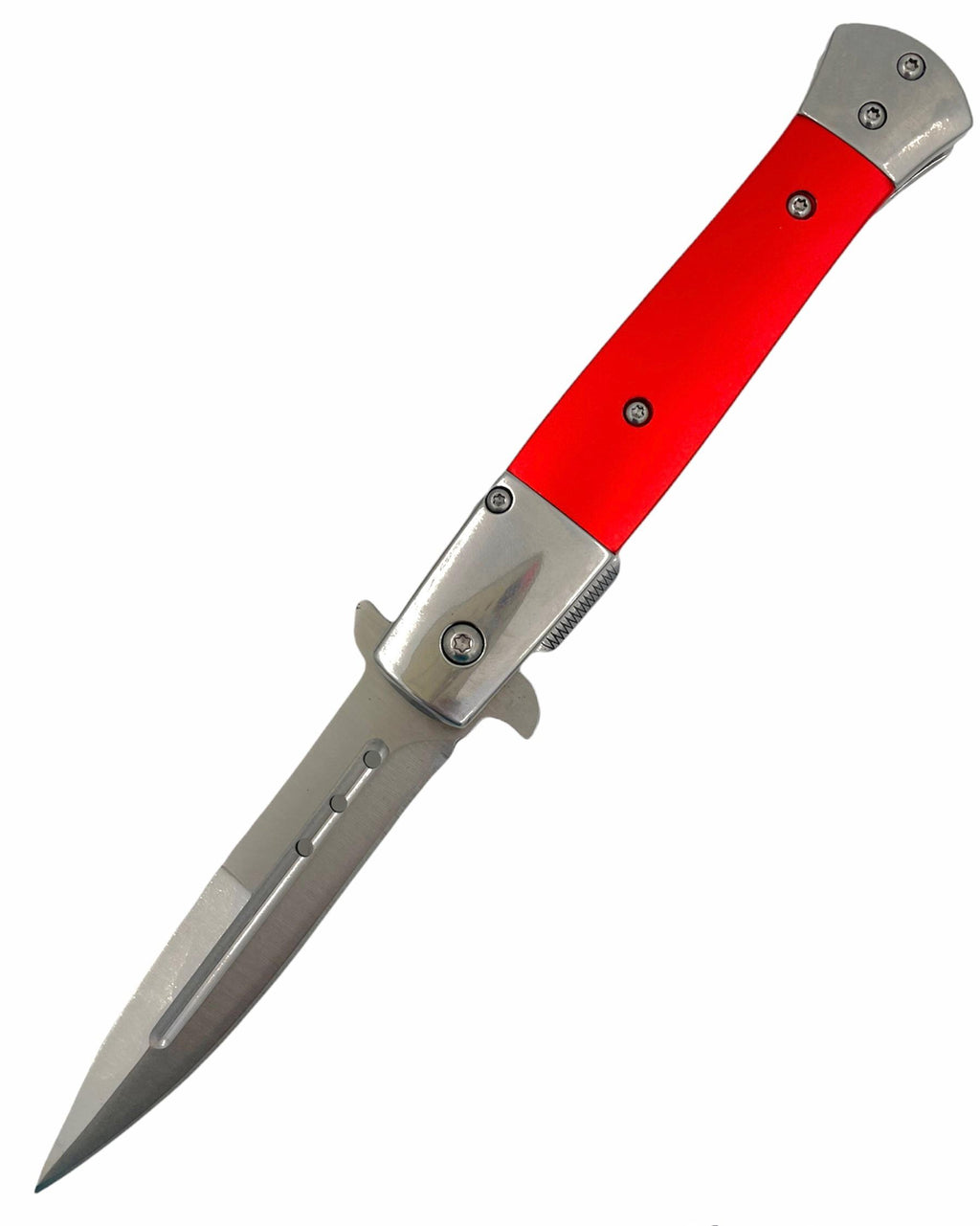 Tiger USA Spring Assisted Stiletto Style Dagger Blade Silver Red