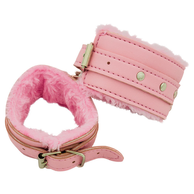Pink leather handcuffs with fuzzy interior, , Panther Trading Company- Panther Wholesale