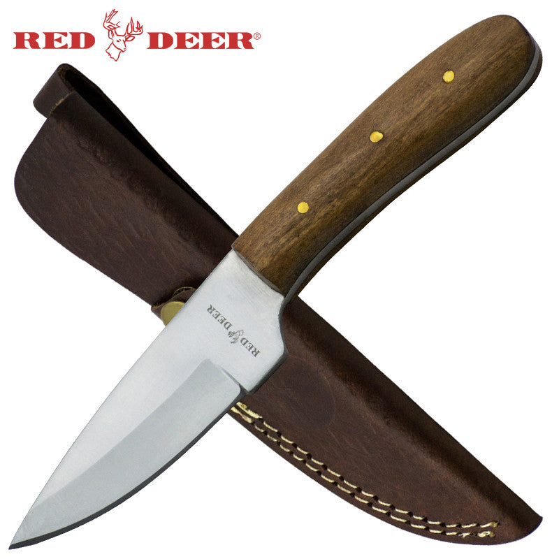 7.5 in Red Deer Hunting Knife with Brown Leather Sheath, , Panther Trading Company- Panther Wholesale