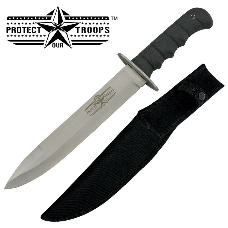 Protect Our Troops Military Knife W/ Free Sheath - Black/Silver, , Panther Trading Company- Panther Wholesale