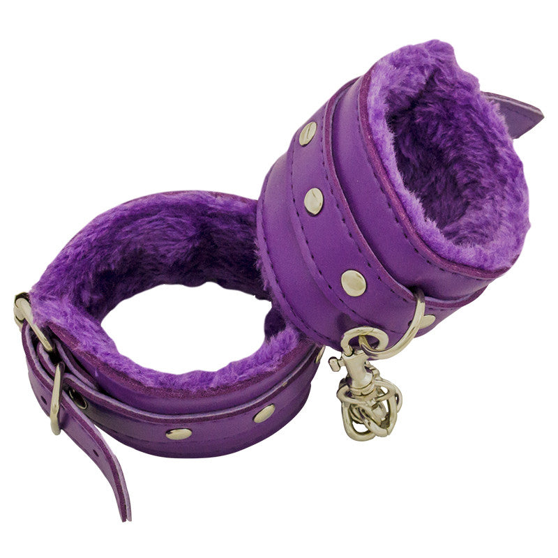 Purple leather handcuffs with fuzzy interior, , Panther Trading Company- Panther Wholesale