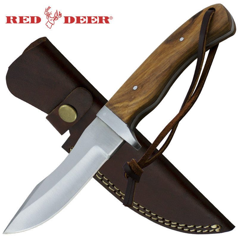 Red Deer 8.5 Inches Brown Full Tang Pakka Wood Handle with Genuine Leather Sheath, , Panther Trading Company- Panther Wholesale