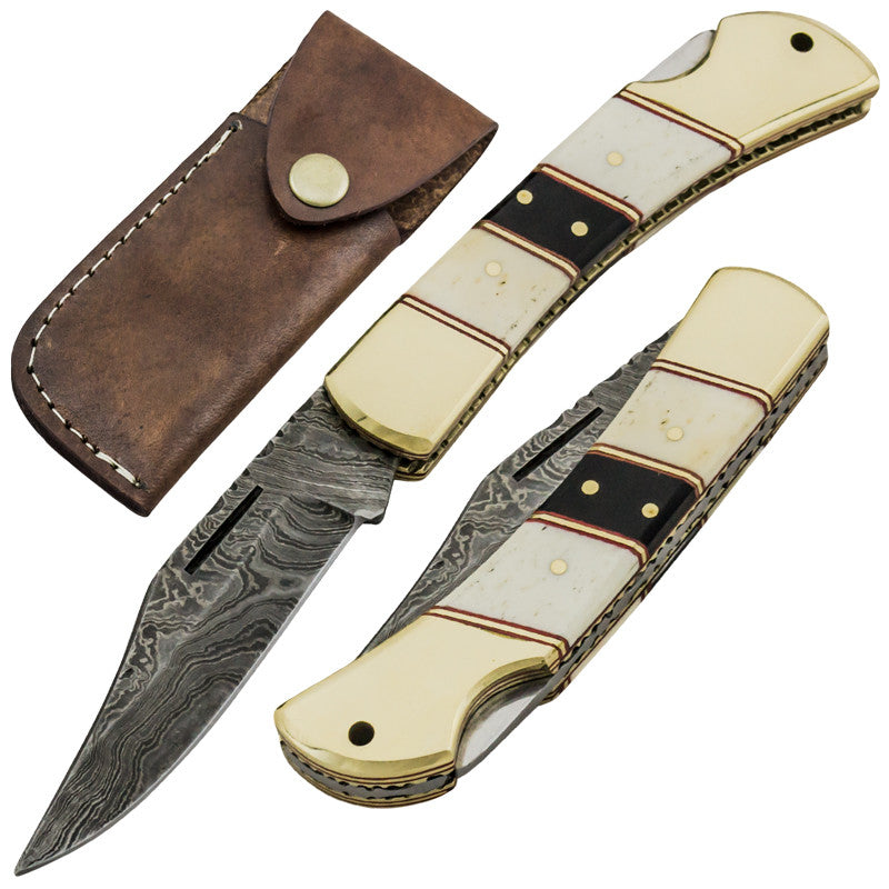Red Deer Fine Damascus Back Lock Folding Knife, , Panther Trading Company- Panther Wholesale