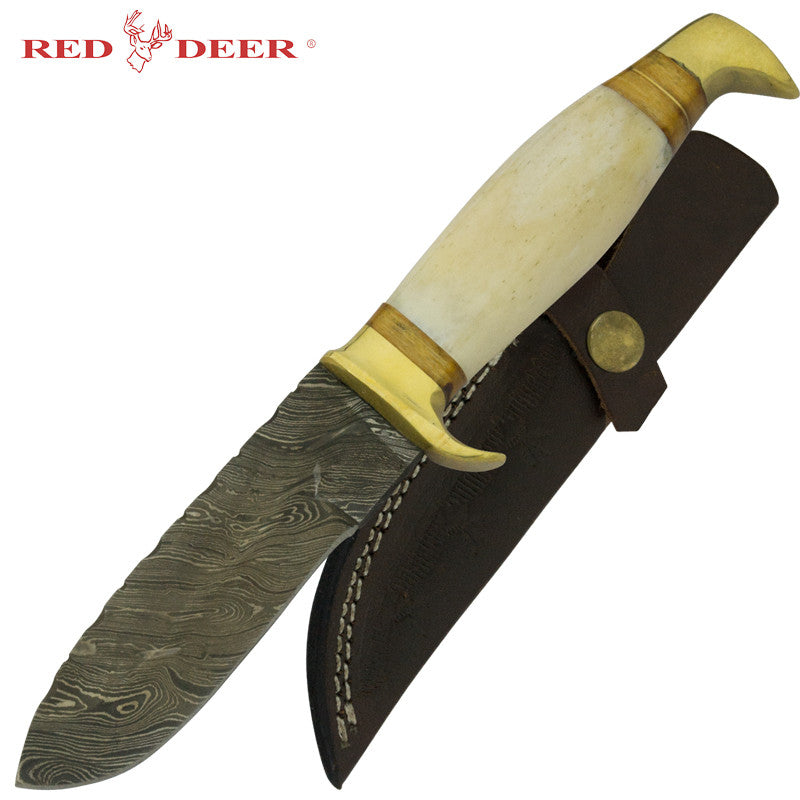 Red Deer Fine Damascus Full Tang Olive Pakka Auth Brass Animal Bone, , Panther Trading Company- Panther Wholesale