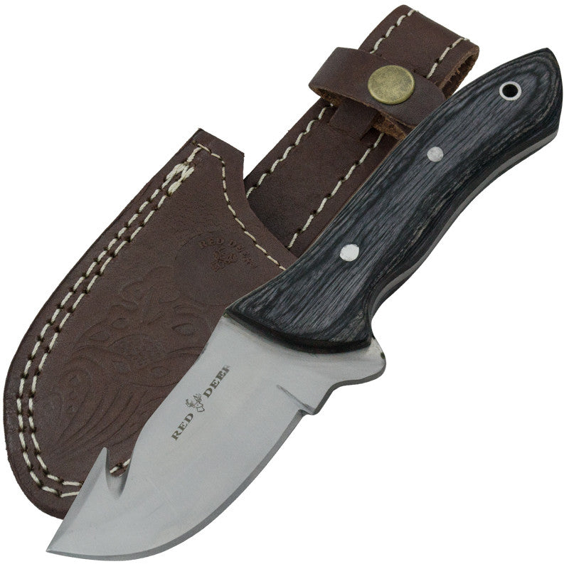 Red Deer Full Tang 440 Stainless Steel Black Pakka Wood Gut Hook Skinning Knife, , Panther Trading Company- Panther Wholesale