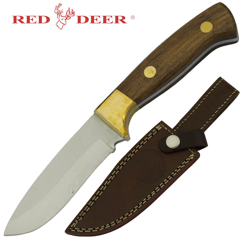 Red Deer Hunting Knife Wood Handle with Sheath, , Panther Trading Company- Panther Wholesale
