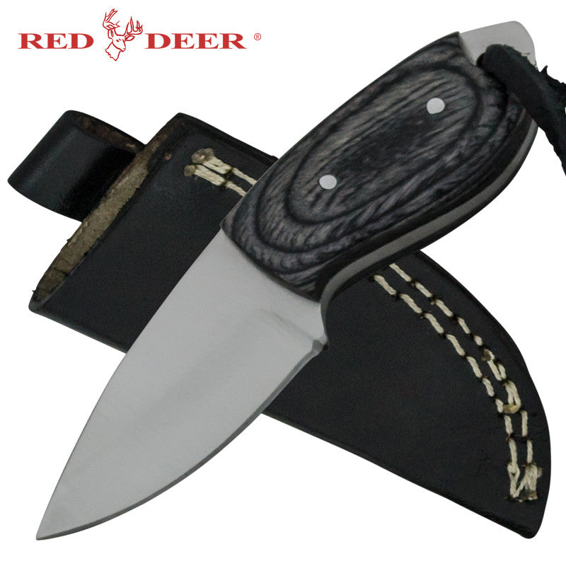 Red Deer Mini Skin Pakka Wood Handle 440 Stainless Steel Genuine Leather Sheath, , Panther Trading Company- Panther Wholesale