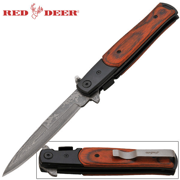 Red Deer Pakka Wood Handle With Damascus Steel Blade, , Panther Trading Company- Panther Wholesale