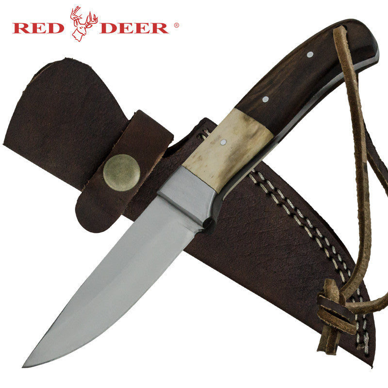 Red Deer Real Bone Pakka Wood Handle 440 Stainless Steel Genuine Leather Sheath, , Panther Trading Company- Panther Wholesale