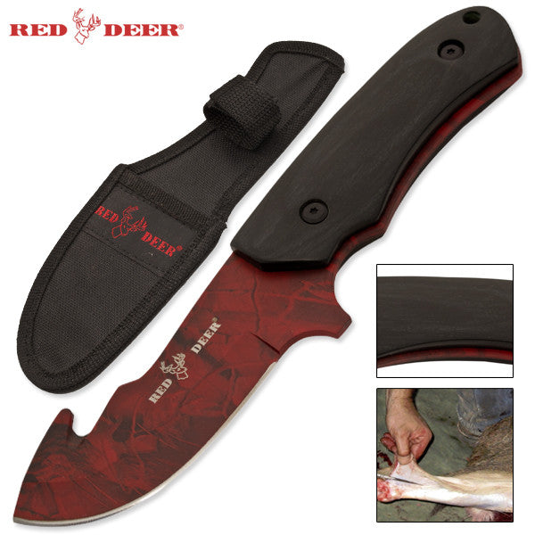 Red Deer Wooden Handle Hunting Knife Full Tang - Red Camo, , Panther Trading Company- Panther Wholesale