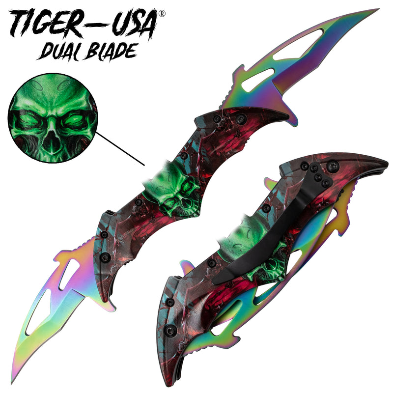 Tiger USA Dual Blade Spring Action Knife Green Skull