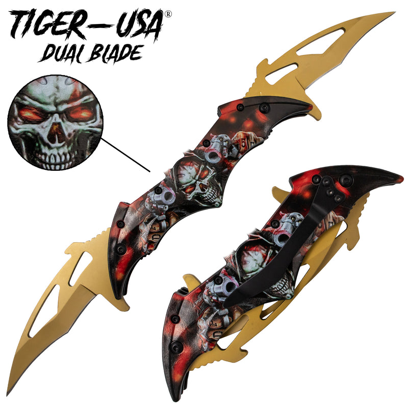 Tiger USA Dual Blade Spring Action Knife Skull Gunner