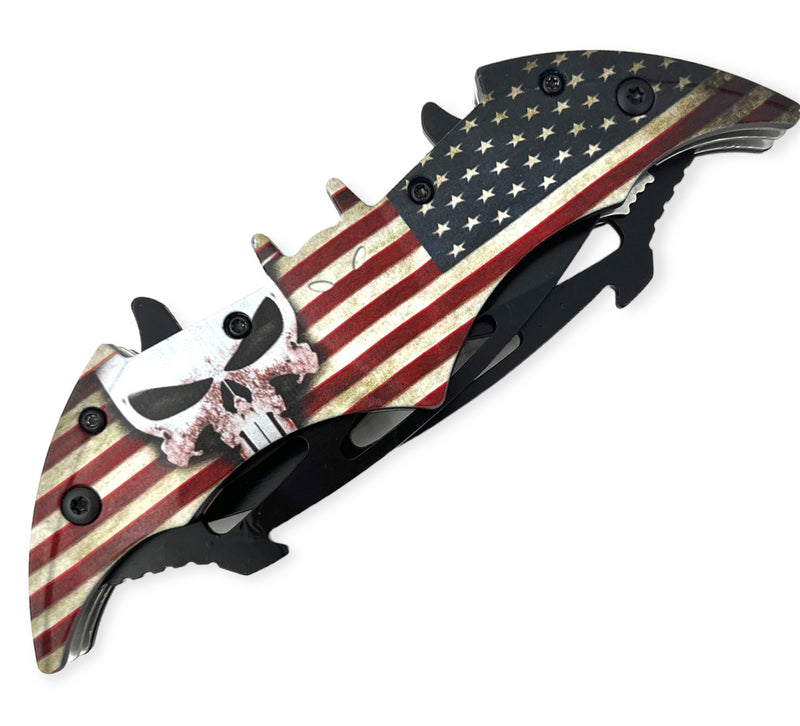 Tiger USA Dual Blade Spring Action Knife Black  SKULL American Flag