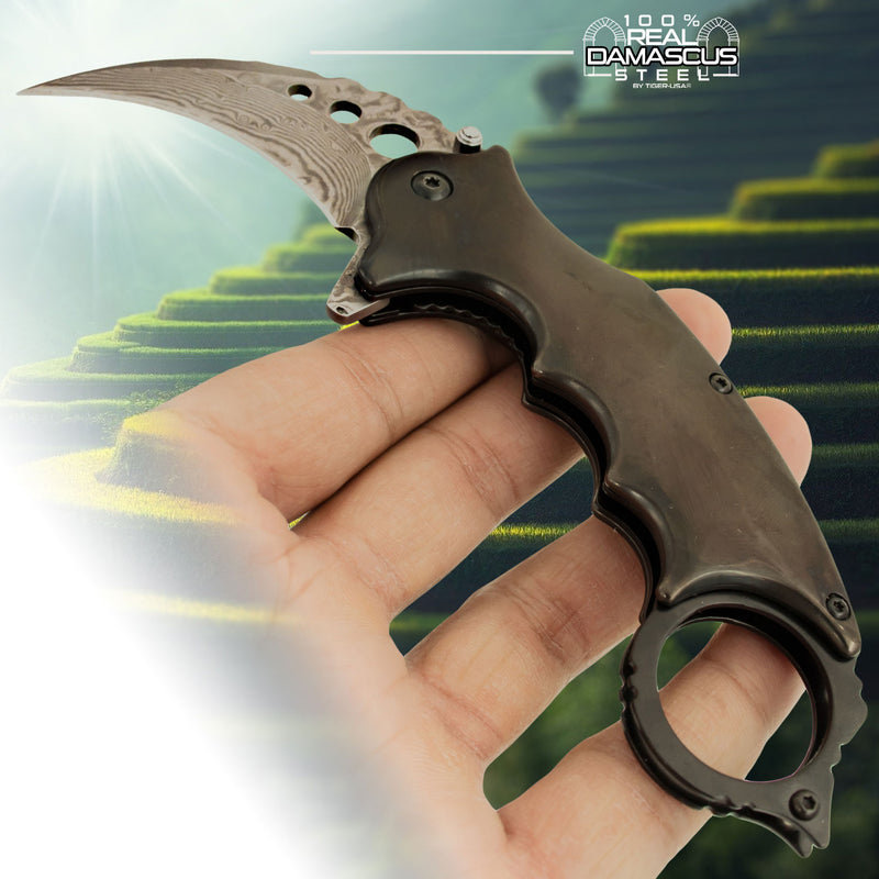 Tiger USA® Karambit Genuine Damascus Steel Spring Assisted Blade Black