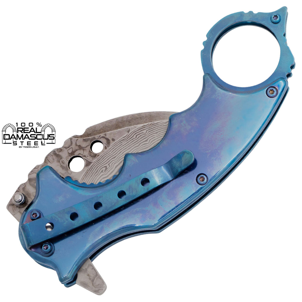 Tiger USA® Karambit Genuine Damascus Steel Spring Assisted Blade Blue