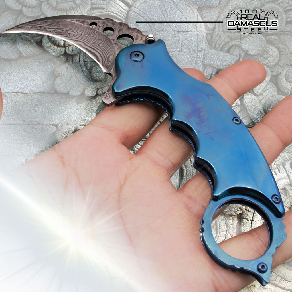 Tiger USA® Karambit Genuine Damascus Steel Spring Assisted Blade Blue