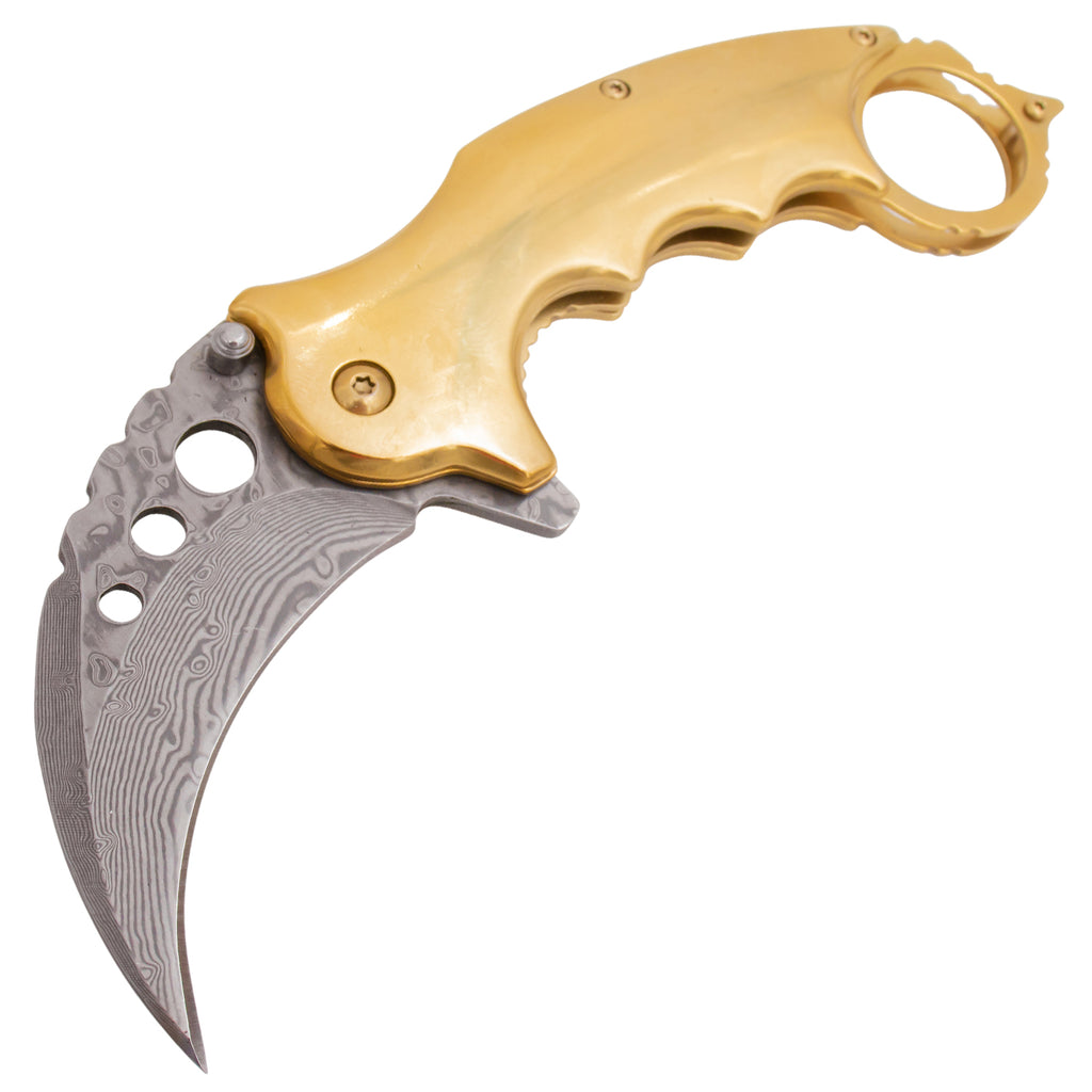 Tiger USA® Karambit Genuine Damascus Steel Spring Assisted Blade Gold