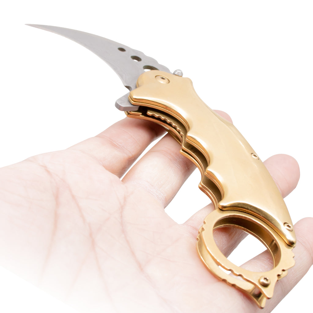 Tiger USA® Karambit Genuine Damascus Steel Spring Assisted Blade Gold