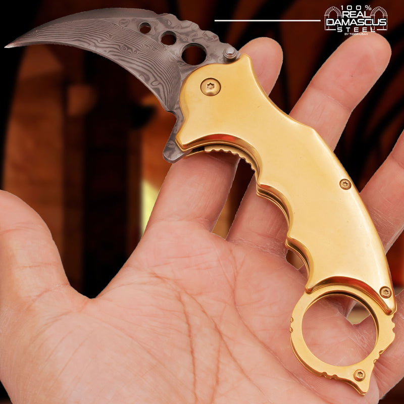 Tiger USA® Karambit Genuine Damascus Steel Spring Assisted Blade Gold