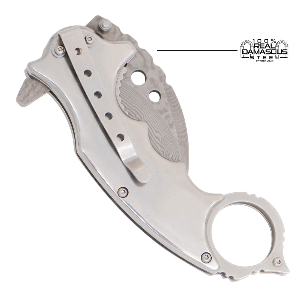 Tiger USAÂ® Karambit Genuine Damascus Steel Spring Assisted Blade Silver