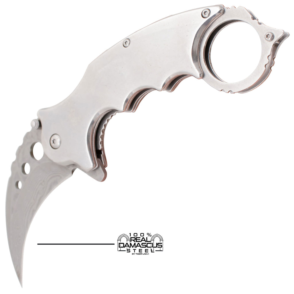 Tiger USAÂ® Karambit Genuine Damascus Steel Spring Assisted Blade Silver