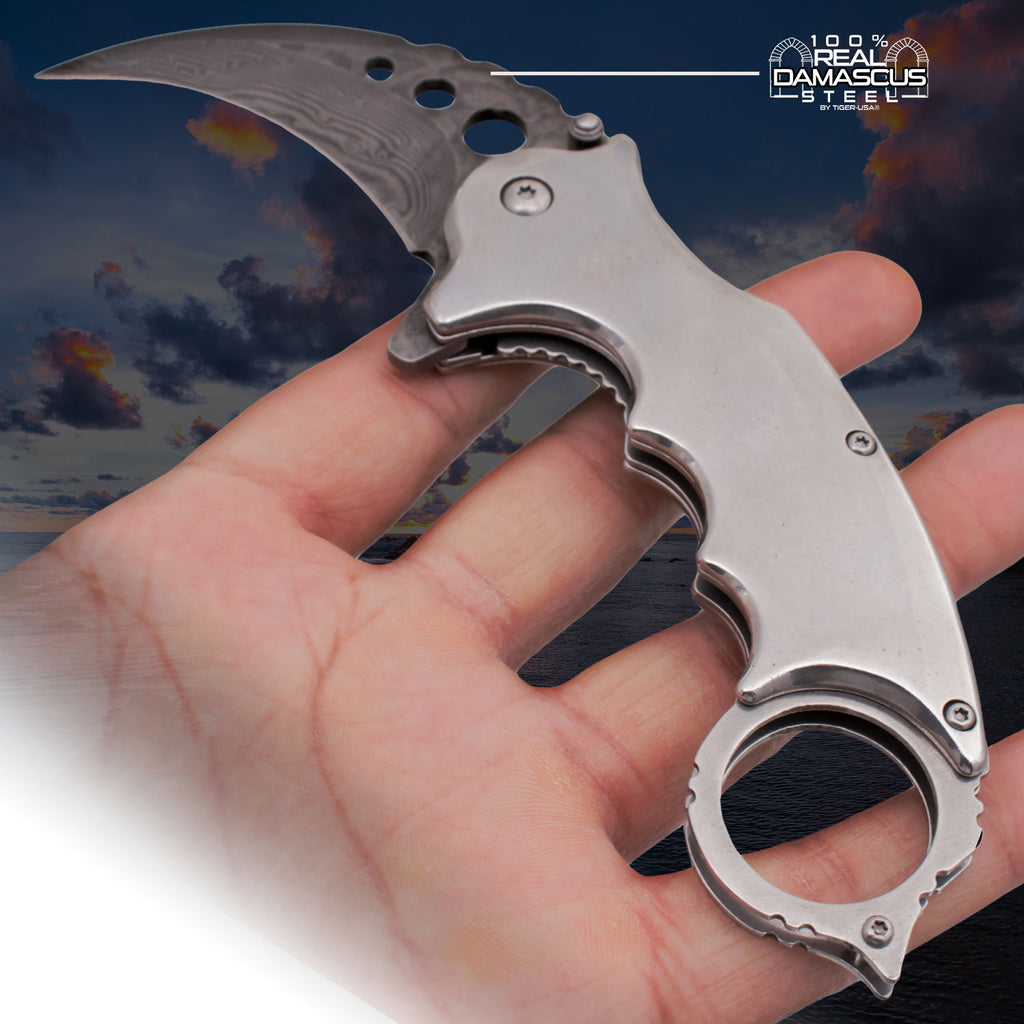Tiger USAÂ® Karambit Genuine Damascus Steel Spring Assisted Blade Silver