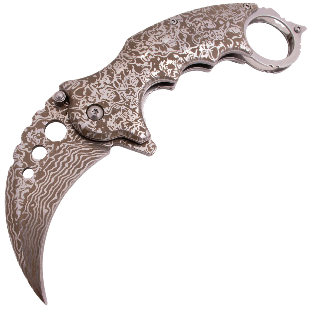 Tiger USA Spring Assisted Knife Karambit Silver Damascus Design