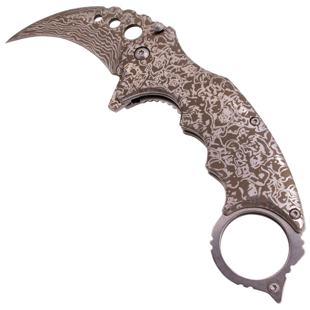 Tiger USA Spring Assisted Knife Karambit Silver Damascus Design