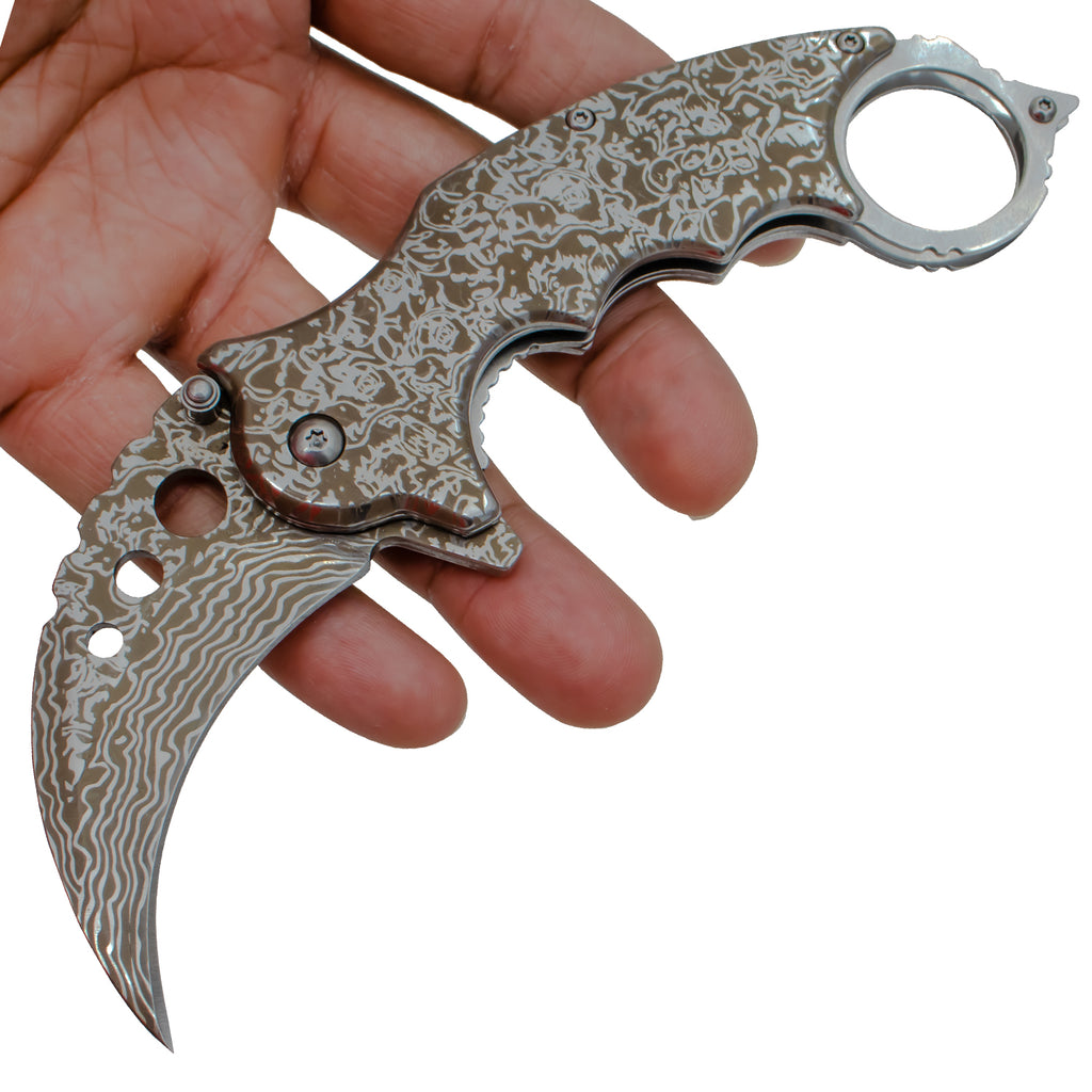 Tiger USA Spring Assisted Knife Karambit Silver Damascus Design