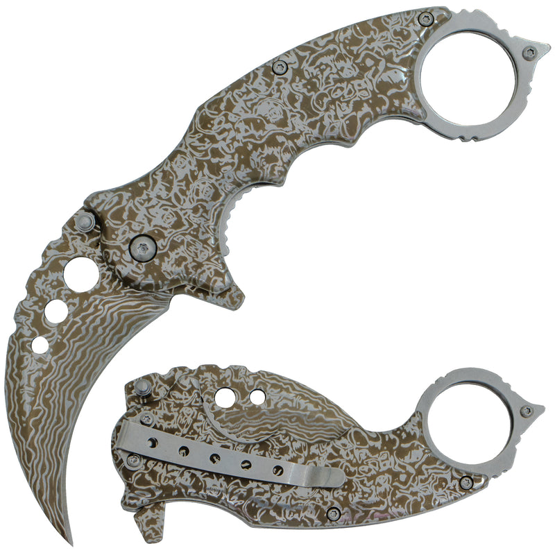 Tiger USA Spring Assisted Knife Karambit Silver Damascus Design