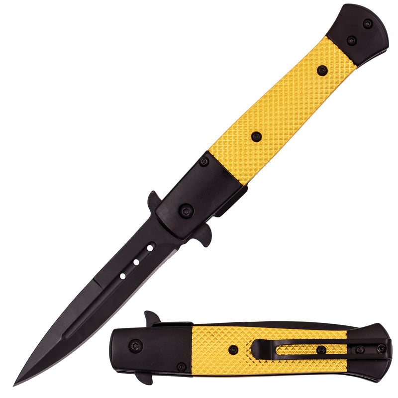 Tiger USA Spring Assisted Stiletto Style Dagger Blade Gold and Black