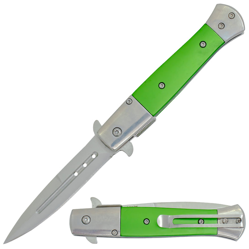 Tiger USA Spring Assisted Stiletto Style Dagger Blade Silver Green