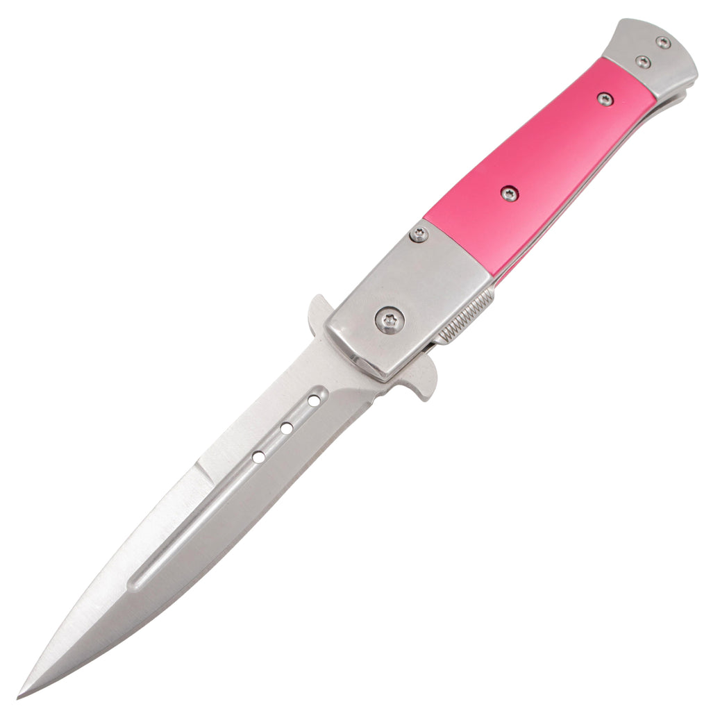 Tiger USA Spring Assisted Stiletto Style Dagger Blade Silver Pink