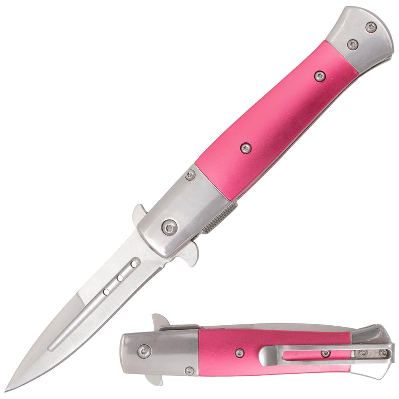 Tiger USA Spring Assisted Stiletto Style Dagger Blade Silver Pink
