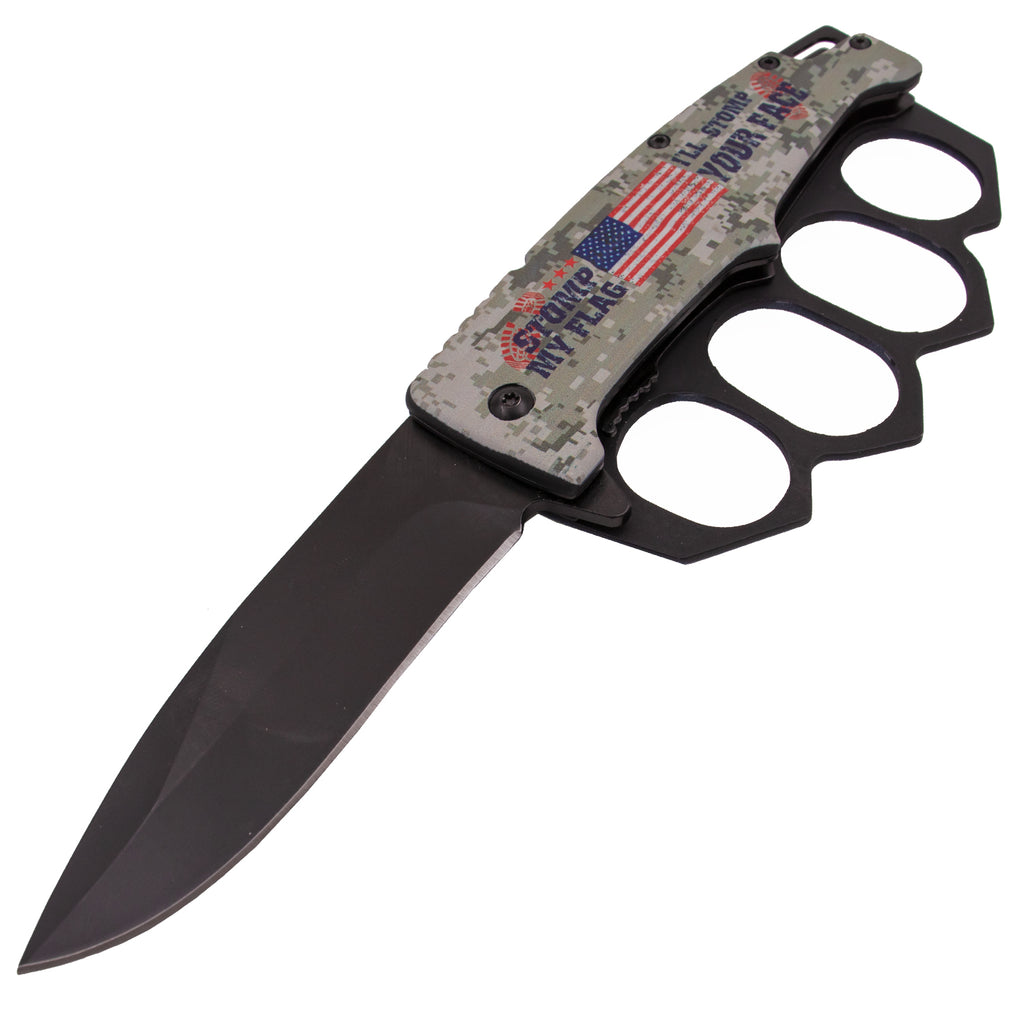 Tiger-USA Spring Assisted Trench Knife - XXL Finger Holes (STOMP MY FLAG DIGI CAMO)