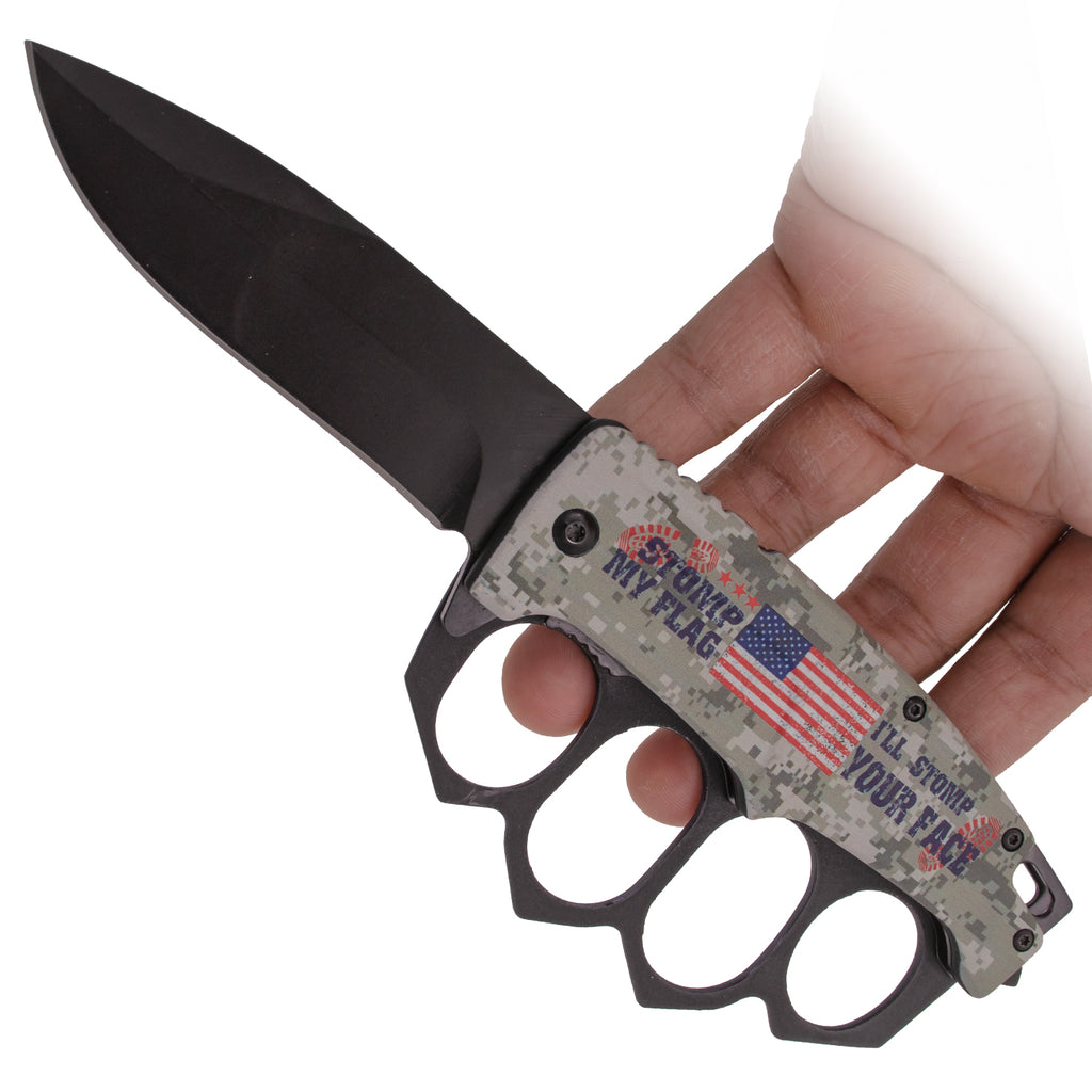 Tiger-USA Spring Assisted Trench Knife - XXL Finger Holes (STOMP MY FLAG DIGI CAMO)