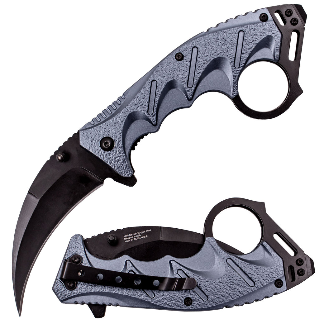 Tiger-USA Spring Assisted Ergogrip Karambit Knife - Grey