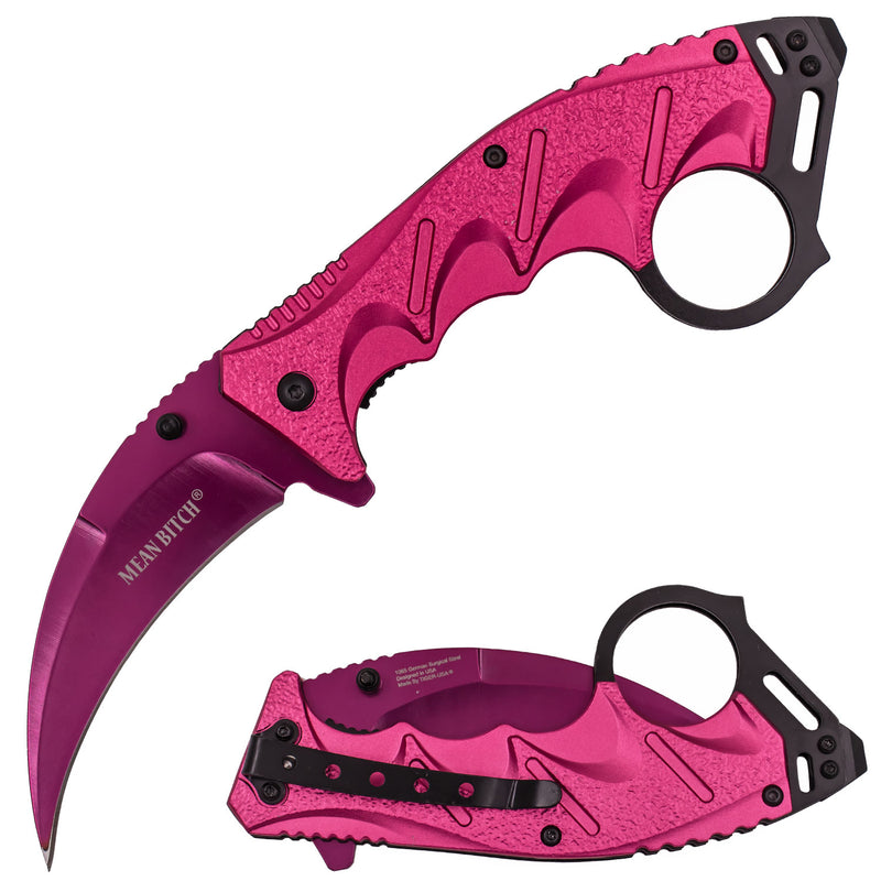 Tiger-USA Spring Assisted Ergogrip Karambit Knife - Pink (Mean Bitch)