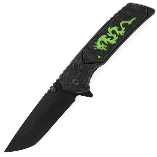 Black Dragon Spring Assisted Knife Tanto - Green