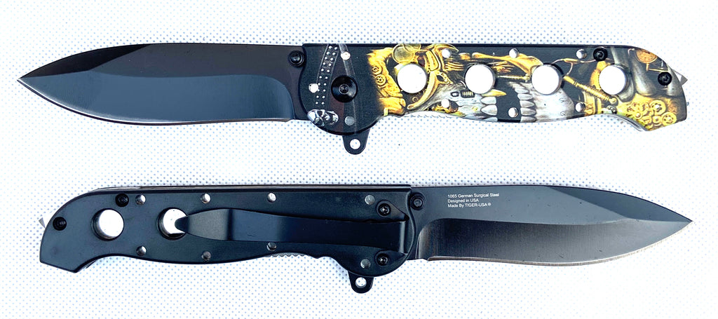 Tiger Usa® Spring Assisted Knife  Yellow Skull